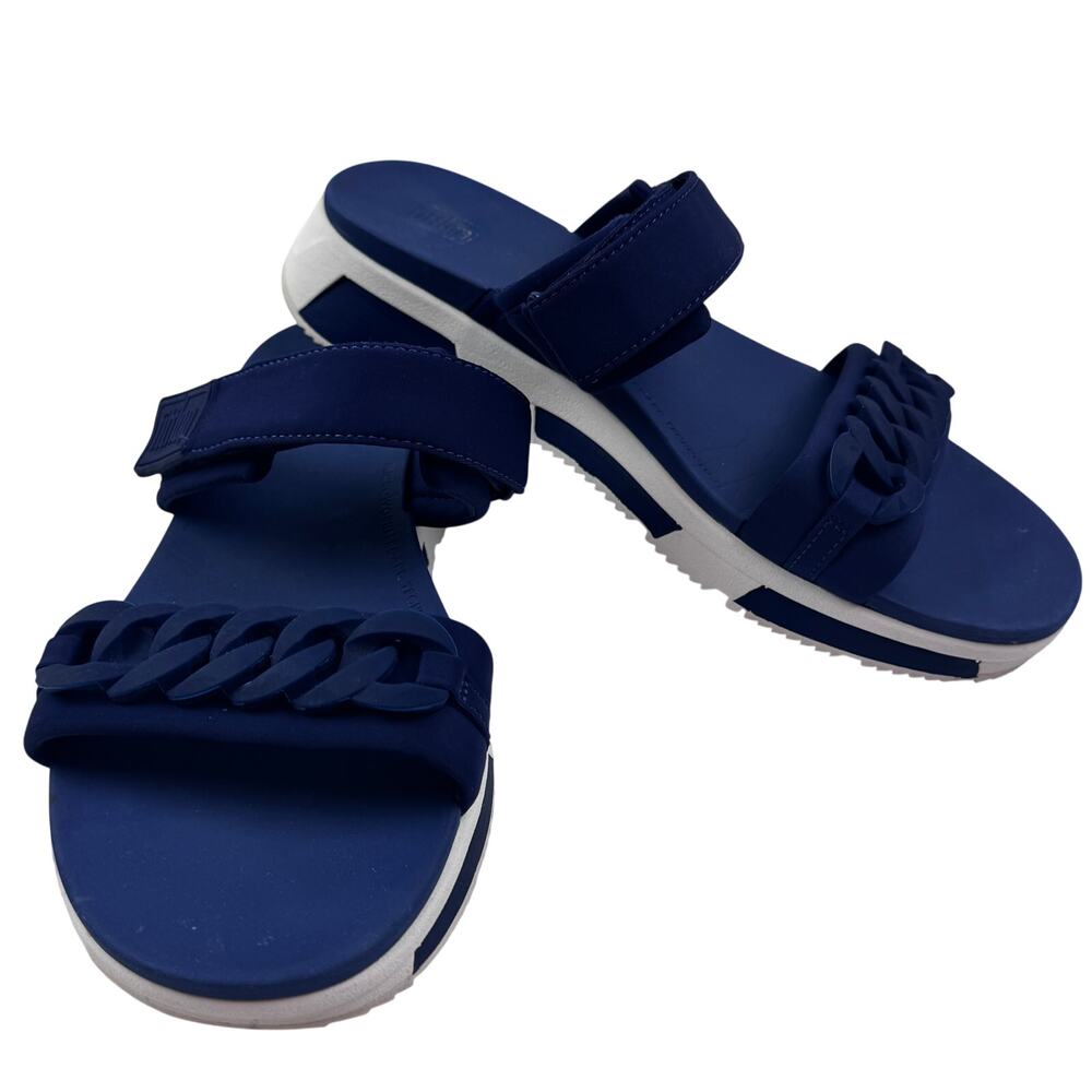 FitFlop Heda Navy Blue Chain Slip On Cushioned Slide Sandals Women's Size 8